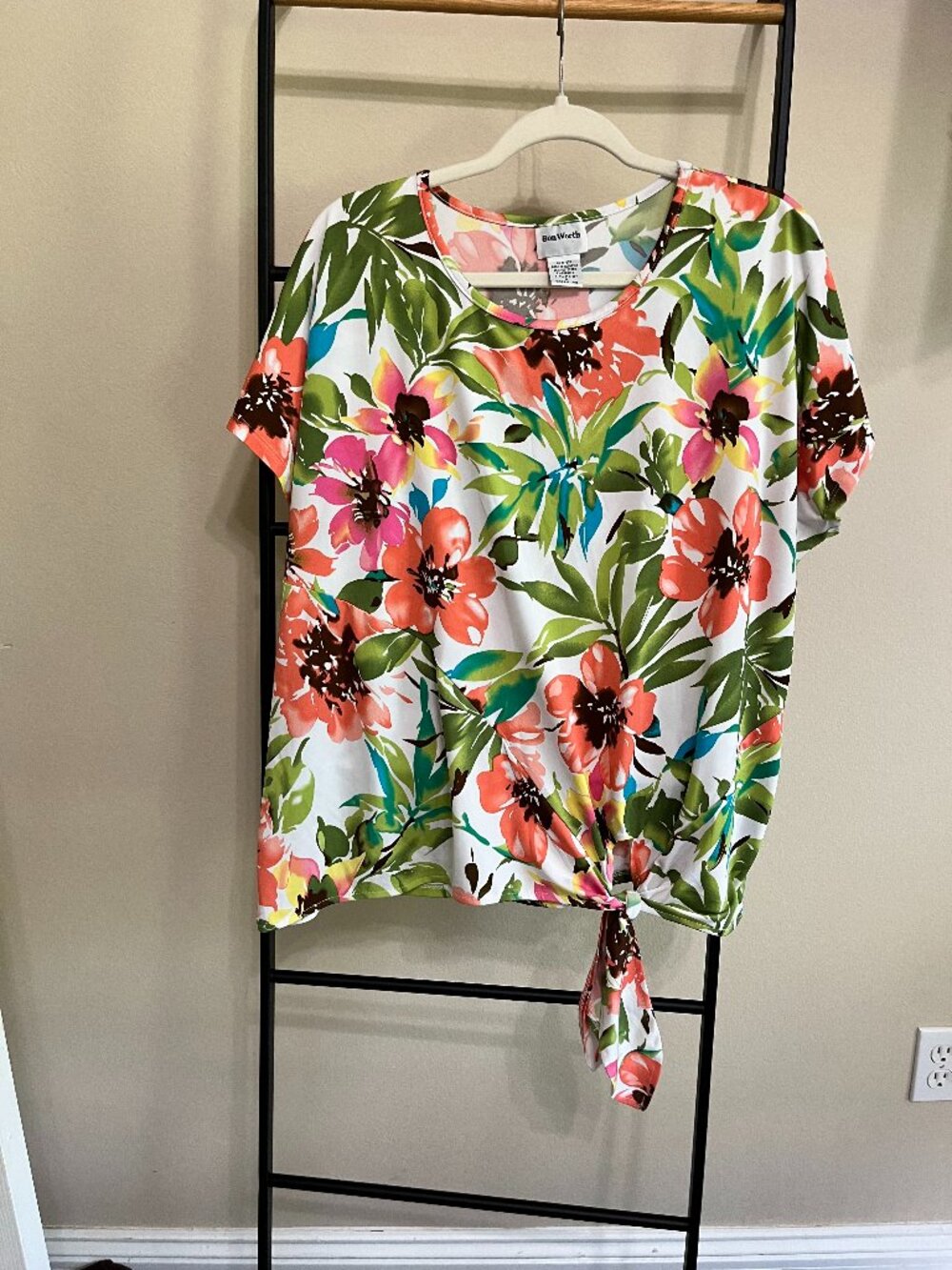 Bon Worth XL Floral Short Sleeve Button Down Tie Top Tropical Floral Summer